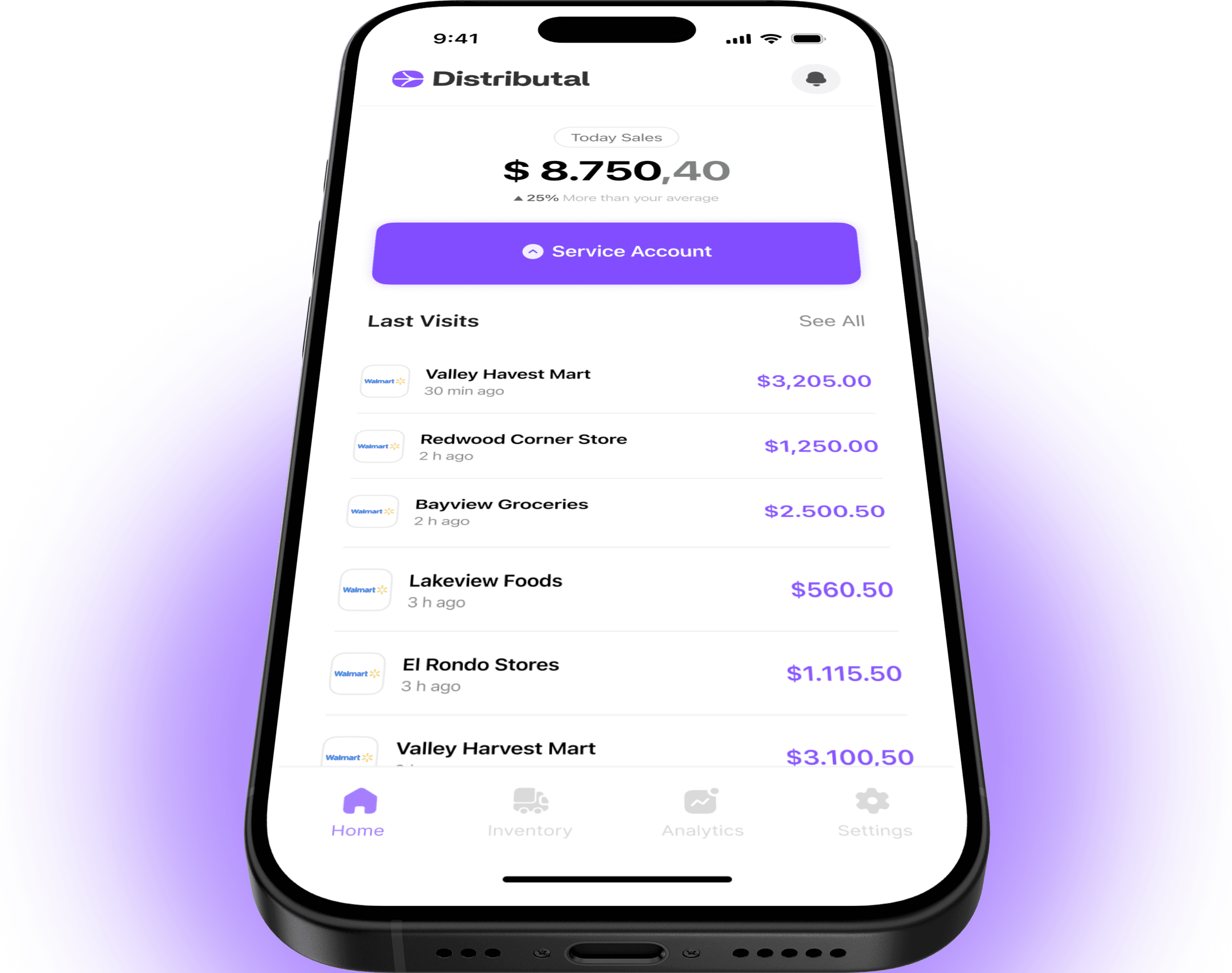 Distributal mobile app dashboard showing delivery routes